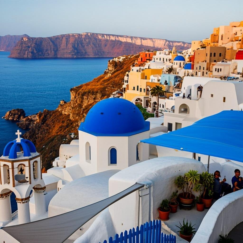 Santorini whitewashed villages overlooking the Aegean Sea